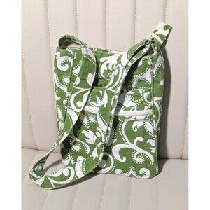 Thirty-One Purse Crossbody Canvas Bag Green Paisley Satchel Multi Pockets Spring
